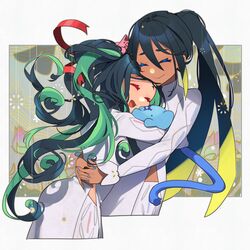  2girls ^_^ absurdres back black_hair blue_nails closed_eyes colored_skin commentary_request dark-skinned_female dark_skin elephant eyeliner fate/grand_order fate_(series) green_eyes green_hair hair_between_eyes happy hat highres hug long_hair long_sleeves makeup multicolored_hair multiple_girls no_headwear open_mouth ponytail siblings sidelocks sisters smile streaked_hair tia_(cocorosso) trung_nhi_(fate) trung_nhi_(first_ascension)_(fate) trung_trac_(fate) trung_trac_(first_ascension)_(fate) tsurime upper_body vietnam vietnamese_dress wavy_hair yellow_eyes 