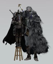  2022 3d_(artwork) ambiguous_gender anthro arm_around_shoulders arm_on_shoulder armor biped blaidd_(elden_ring) breastplate canid canine canis cloak clothing digital_media_(artwork) duo elden_ring fromsoftware fur furniture gauntlets gloves greaves grey_body grey_fur handwear headgear helmet hi_res human larger_anthro larger_male layzuhcatz male mammal melee_weapon pauldron purple_eyes simple_background size_difference smaller_ambiguous smaller_human stool sword tarnished_(elden_ring) weapon white_background wolf 