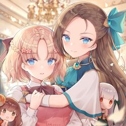  2girls ayuanlv blonde_hair blue_eyes bow brown_hair chibi elbow_gloves flower gem gloves hair_flower hair_ornament hairbow hug katarina_claes long_hair maria_campbell mary_hunt multiple_girls open_mouth otome_game_no_hametsu_flag_shika_nai_akuyaku_reijou_ni_tensei_shite_shimatta parted_bangs red_eyes short_hair sophia_ascart swept_bangs white_gloves white_hair yuri 