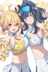  2girls absurdres ahoge asymmetrical_docking black_hair blonde_hair blue_archive blue_eyes breast_press breasts cheerleader cleavage commentary halo hibiki_(blue_archive) hibiki_(cheer_squad)_(blue_archive) highres kotori_(blue_archive) kotori_(cheer_squad)_(blue_archive) large_breasts looking_at_viewer medium_breasts millennium_cheerleader_outfit_(blue_archive) multiple_girls navel official_alternate_costume open_mouth pom_pom_(cheerleading) red_eyes simoumi_217 skirt smile star_sticker sticker_on_face sweat triangle_halo white_skirt yellow_halo 