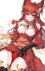  animal_ears anthuria bad_id bad_pixiv_id black_gloves black_thighhighs breasts cleavage cleavage_cutout clothing_cutout covered_navel erune female gloves granblue_fantasy hair_ornament highres koretsuki_azuma long_hair looking_at_viewer medium_breasts panties red_eyes red_hair red_panties simple_background solo thighhighs thighs underwear white_background 