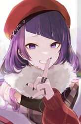  :d bad_id bad_twitter_id beret bigomaru black_bodysuit blunt_bangs bodysuit diagonal_bangs ear_piercing earrings enpera female finger_to_mouth fur-trimmed_scarf fur_trim grin hat highres idolmaster idolmaster_shiny_colors jacket jewelry looking_at_viewer nail_polish piercing purple_eyes purple_hair red_hat red_jacket ring scarf shushing smile solo tanaka_mamimi upper_body 