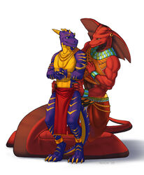  anthro apode bottomwear claws clothed clothing draconcopode dragon duke_komarovski duo egyptian egyptian_clothing full-length_portrait furgonomics furry-specific_piercing gold_(metal) gold_jewelry green_eyes hi_res holding_hips horn indrium jewelry legless loincloth looking_at_another male mythological_creature mythological_scalie mythology naga niada piercing portrait purple_body red_body reptile scalie serpentine simple_background smile snake standing tail white_background yellow_eyes 