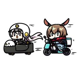  2girls amiya_(arknights) amiya_(fresh_fastener)_(arknights) animal_ears arknights azur_lane blue_eyes brown_hair car chibi crossover driving enterprise_(azur_lane) grey_eyes helmet kagami_kino long_hair motor_vehicle motorcycle motorcycle_helmet multiple_girls official_alternate_costume on_motorcycle open_mouth rabbit_ears red_scarf riding scarf simple_background smile thighhighs vehicle_focus very_long_hair white_background white_hair white_thighhighs 