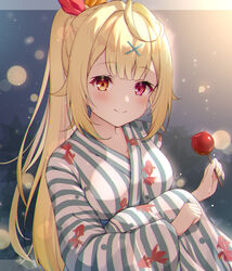  ahoge blonde_hair breasts candy candy_apple closed_mouth female food hair_ornament heterochromia holding holding_candy holding_food hoshikawa_sara japanese_clothes kimono knees_to_chest long_hair looking_at_viewer medium_breasts nijisanji ponytail print_kimono red_eyes side_ponytail sitting smile solo striped_clothes striped_kimono virtual_youtuber x_hair_ornament yellow_eyes yukata zky_(oekaky) 