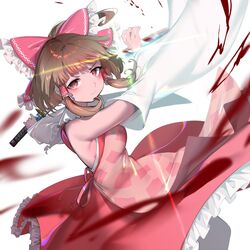  apron blunt_bangs blush bow breasts brown_eyes brown_hair closed_mouth commentary_request cookie_(touhou) detached_sleeves dress feet_out_of_frame female frilled_bow frilled_dress frilled_hair_tubes frills glint hair_tubes hairbow hakurei_reimu holding holding_sword holding_weapon jiyu_(jiyusi) katana long_hair looking_at_viewer medium_bangs medium_breasts pink_apron ponytail red_bow red_dress rurima_(cookie) sideboob sidelocks sleeveless sleeveless_dress solo sword touhou weapon white_background white_sleeves wide_sleeves 