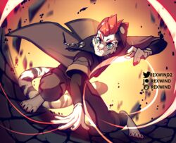  anthro cape clothing cracked_ground digital_media_(artwork) explosion felid finnian_ennis green_eyes hair male mammal orange_sky pantherine paws red_hair rexwind sky solo special_power stripes superhero threads tiger 