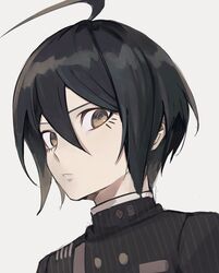  1boy ahoge black_hair bojue_(hakus_1128) brown_hair buttons commentary danganronpa_(series) danganronpa_v3:_killing_harmony double-breasted grey_background hair_between_eyes highres jacket male_focus parted_lips portrait saihara_shuichi short_hair simple_background solo striped_clothes striped_jacket teeth 