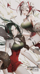  +_+ 2girls :d alternate_costume alternate_hairstyle antenna_hair arknights arm_up armlet bare_shoulders black_dress black_hair breasts brown_eyes character_name cleavage cleavage_cutout clothing_cutout collarbone cowboy_shot demon_girl demon_horns demon_tail double_bun dress evening_gown feet_out_of_frame fur_shawl gradient_dress grey_background grey_footwear hair_bun high_heels highres horns ines_(arknights) large_breasts long_hair looking_at_viewer makkuro multicolored_hair multiple_girls navel navel_cutout open_mouth pelvic_curtain red_dress red_hair shawl short_hair short_sleeves simple_background sleeveless sleeveless_dress smile tail thighlet twitter_username two-tone_hair w_(arknights) white_hair yellow_eyes 