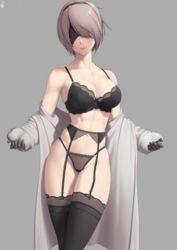  2b_(nier:automata) abs black_blindfold black_bra black_garter_belt black_panties black_thighhighs blindfold bra breasts closed_mouth coat collarbone female garter_belt gloves grey_background grey_hair hair_over_one_eye highres large_breasts lingerie lips mole mole_under_eye navel nier:automata nier_(series) off_shoulder panties putcher short_hair simple_background solo stomach thighhighs underwear variant_set white_coat 