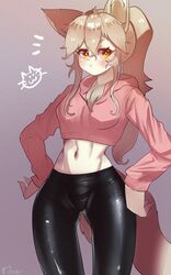  2021 annoyed anthro blush bottomwear breasts canid canine chest_tuft claws clothed clothing digital_media_(artwork) emanata female female_anthro finger_claws fingers fox fur glistening glistening_clothing hair hands_on_hips hi_res hoodie kemono leggings legwear looking_at_viewer mammal navel onikuman ponytail portrait signature solo tail tan_body tan_fur tan_hair tan_nose three-quarter_portrait tight_clothing topwear tuft yellow_eyes yura_(onikuman) 