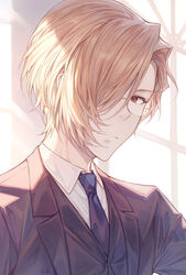  1boy ayuanlv black_jacket black_vest blue_necktie brown_hair closed_mouth collared_shirt commentary_request formal glasses hair_over_one_eye highres jacket looking_at_viewer louis_james_moriarty male_focus necktie red_eyes shirt solo suit upper_body vest white_shirt window yuukoku_no_moriarty 