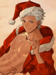  1boy abs archer_(fate) bara christmas commentary_request dark-skinned_male dark_skin fate/grand_order fate/stay_night fate_(series) g0ringo grey_eyes hat large_pectorals male_focus muscular muscular_male pectorals santa_costume santa_hat short_hair smile solo white_hair 