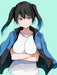  arm_under_breasts black_hair black_jacket blue_jacket blush breasts collarbone cropped_torso crossed_arms female gengoroh gradient_hair green_background green_eyes green_hair hair_between_eyes highres jacket jacket_on_shoulders looking_at_viewer love_live! love_live!_nijigasaki_high_school_idol_club medium_hair multicolored_clothes multicolored_hair multicolored_jacket open_clothes open_jacket shirt simple_background smile solo split_mouth straight-on streaked_hair takasaki_yu twintails two-tone_hair two-tone_jacket upper_body v-shaped_eyebrows white_shirt 