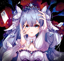  beamed_eighth_notes blue_eyes blue_hair broken_glass brooch center_frills chinese_commentary commentary detached_collar detached_sleeves dress earrings eighth_note female flower frilled_sleeves frills glass hair_ornament hand_on_own_head hatsune_miku highres jewelry light_blue_hair long_hair looking_at_viewer musical_note musical_note_hair_ornament open_mouth puffy_sleeves red_flower red_rose reflection ringo_no_usagi_(artist) rose snowflake_earrings solo tiara twintails upper_body very_long_hair vocaloid white_dress white_sleeves yuki_miku yuki_miku_(2019) 