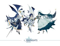  3girls absurdres animal_ears arknights astesia_(arknights) astesia_(frlibe_on_the_palace)_(arknights) astesia_(starseeker)_(arknights) bare_shoulders bird bird_ears black_gloves blue_eyes blue_hair bright_pupils character_name copyright_name dress frilled_dress frills from_behind from_side full_body full_moon globe gloves gold_trim gradient hair_ornament high_heels highres holding holding_microphone_stand holding_sword holding_telescope holding_weapon leaning_forward liliyfox long_dress long_hair looking_at_viewer microphone microphone_stand moon multiple_girls multiple_persona official_alternate_costume open_mouth smile star_(symbol) sword teeth telescope upper_teeth_only weapon white_gloves white_pupils wide_brim winged_sword 