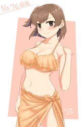  artist_name bare_shoulders bikini blush breasts brown_hair character_name cleavage collarbone cowboy_shot dated female grey_eyes highres hiryuu_(kancolle) kantai_collection large_breasts looking_at_viewer navel one-hour_drawing_challenge one_side_up orange_bikini orange_sarong sarong short_hair smile solo stomach swimsuit watashitachino_kareshi 