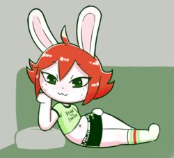  bottomwear clothed clothing crop_top disfigure female footwear freckles furniture hair kylie_(disfigure) lagomorph leporid lying mammal midriff navel on_side on_sofa pillow rabbit red_hair shirt skirt socks sofa solo text text_on_clothing topwear 