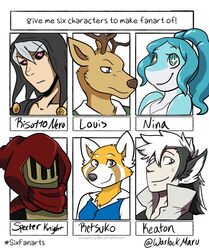  aggretsuko ailurid animal_humanoid anthro antlers beastars black_eyes black_sclera blue_eyes blue_hair blush brand_new_animal brown_body brown_eyes brown_fur brown_nose cervine cetacean clothing deer dolphin english_text eyebrows fire_emblem fire_emblem_fates fur grey_hair hair hi_res horn human humanoid jojo&#039;s_bizarre_adventure keaton_(fire_emblem) knight lips louis_(beastars) male mammal marine meme nina_flip nintendo oceanic_dolphin orange_body orange_fur pink_eyes ponytail rainbowraven red_deer red_panda retsuko risotto_nero sanrio shovel_knight six_fanarts_challenge smile specter_knight studio_trigger text toothed_whale warrior white_body white_fur white_hair yacht_club_games 