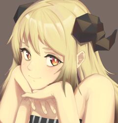  absurdres arknights bare_shoulders blonde_hair blush commentary female grey_background hands_up highres horns ifrit_(arknights) long_hair looking_at_viewer orange_eyes radioneet simple_background solo strapless upper_body 