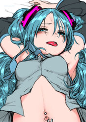  aqua_eyes aqua_hair armpits bed_sheet blush close-up detached_sleeves female hair_between_eyes hatsune_miku long_hair looking_at_viewer lying navel_piercing on_back piercing solo stomach teasing tongue tongue_out tongue_piercing turbo_engine_(rakugaki_tabo) twintails upper_body very_long_hair vocaloid 