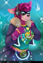  alpaca anthro belly big_breasts bottomwear breasts camelid clothing dj_bop epic_games eyewear female fortnite gatogenerico gloves goggles handwear hi_res jacket mammal pink_body shirt simple_background skirt slightly_chubby solo topwear wide_hips 