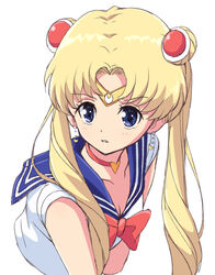  bishoujo_senshi_sailor_moon bishoujo_senshi_sailor_moon_s blonde_hair blue_eyes blue_sailor_collar breasts choker cleavage collarbone commentary_request crescent crescent_earrings derivative_work diadem double_bun earrings female hair_bun hair_over_shoulder heart heart_choker highres jewelry long_hair magical_girl mel_(melty_pot) meme no_brooch red_choker sailor_collar sailor_moon sailor_moon_redraw_challenge_(meme) sailor_senshi_uniform screenshot_redraw simple_background solo tsukino_usagi twintails upper_body white_background 