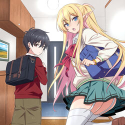  1boy :o age_difference aqua_skirt bag black_hair blonde_hair blue_bag blue_eyes bow bowtie bracelet brown_footwear brown_shorts collared_shirt commentary_request door elf entrance female floating_hair garter_straps hero_(nakahira_guy) highschool_elf_(nakahira_guy) indoors jewelry leg_up light_blush loafers long_hair long_pointy_ears looking_at_viewer looking_back multicolored_hair nakahira_guy open_mouth original pink_hair pointy_ears red_bow red_bowtie red_eyes red_sweater school_bag school_uniform shirt shoes shorts skirt standing streaked_hair sweater thighhighs very_long_hair white_shirt white_sweater white_thighhighs 