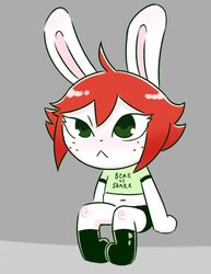  clothing crop_top disfigure female footwear freckles green_eyes hair kylie_(disfigure) lagomorph leporid mammal midriff rabbit red_hair shirt shoes simple_background sitting solo text text_on_clothing topwear 