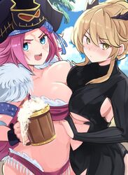  2girls alcohol artoria_pendragon_(fate) artoria_pendragon_(lancer_alter)_(fate) beach beer black_bodysuit black_horns blonde_hair blue_eyes blue_sky blush bodysuit breast_press breasts day fate/extra fate/grand_order fate_(series) francis_drake_(fate) francis_drake_(pirates_party!)_(fate) hat highres horns large_breasts lewdisushi multiple_girls palm_tree pink_hair pirate pirate_hat platinum_blonde_hair ribbed_bodysuit scar scar_on_face sidelocks sky symmetrical_docking tree underboob yellow_eyes 