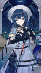  absurdres arknights armillary_sphere astesia_(arknights) astesia_(starseeker)_(arknights) black_gloves blue_eyes blue_hair bright_pupils celestial_globe christmas_star commentary dress elbow_gloves female globe gloves hat highres holding holding_sword holding_weapon jupiter_symbol long_hair looking_at_viewer mars_symbol mercury_symbol moon_(symbol) neptune_symbol official_alternate_costume open_mouth pluto_symbol puffy_short_sleeves puffy_sleeves repu_(rep_sha) saturn_symbol short_sleeves solo star_(symbol) sun_symbol sword uranus_symbol venus_symbol weapon white_hat 