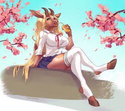  absurd_res admiralobster anthro beverage big_breasts blonde_hair blue_background blue_bottomwear blue_clothing blue_skirt bottomwear breasts brown_body brown_ears brown_fur brown_horn cherry_blossom cherry_blossom_tree cherry_tree clothed clothing crossed_legs drinking eyelashes female flower fruit_tree full-length_portrait fur glistening glistening_eyes green_eyes hair hi_res holding_beverage holding_object horn long_hair mammal plant portrait prunus_(flower) school_uniform signature simple_background sitting skirt solo three-quarter_view topwear tree uniform unknown_species white_clothing white_topwear 