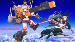  2girls aircraft airplane anksha anksha_(cosplay) asshimar asshimar_(cosplay) black_hairband black_neckerchief black_panties blue_eyes blue_sailor_collar blue_skirt blue_sky brown_hair cannon character_name cloud commentary_request cosplay crop_top elbow_gloves energy_sword folded_ponytail full_body glasses gloves green_eyes grey_hair gun gundam gundam_unicorn hairband headgear highleg highleg_panties highres kantai_collection kashima_(kancolle) katori_(kancolle) looking_at_viewer machinery mecha_musume microskirt miniskirt moke_ro multiple_girls navel neckerchief panties parted_bangs pleated_skirt sailor_collar shimakaze_(kancolle) shimakaze_(kancolle)_(cosplay) shirt sidelocks skirt sky sleeveless sleeveless_shirt smokestack striped_clothes striped_thighhighs sword thighhighs turret twintails underwear wavy_hair weapon white_gloves zeta_gundam 