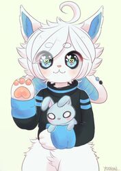  :3 ahoge animal_plushie anthro artist_name blue_eyes blush chibi clothing fluffy fur hair heart_catchlight heart_eyes heart_symbol holding_object holding_plushie kitsugi looking_at_viewer male multicolored_body multicolored_fur pawpads pink_nose pink_pawpads plushie rabbit_plushie raised_hand short_hair simple_background solo topwear two_tone_body two_tone_fur white_body white_fur white_hair yookow 