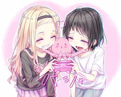  &gt;3&lt; 2girls black_hair black_hairband black_shirt blonde_hair camera closed_eyes commentary_request creature english_text gotou_hisashi grey_pants hairband heart holding holding_camera kirarazaka_marina kuze_shizuka long_hair long_sleeves medium_hair multiple_girls octopus pants pink_background pink_skirt pleated_skirt selfie shirt short_sleeves skirt taking_picture takopii takopii_no_genzai tears white_shirt 