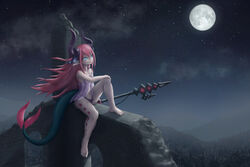  2020 3:2 animal_humanoid blue_eyes blush breasts clothing detailed_background digital_media_(artwork) dragon dragon_humanoid elizabeth_bathory_(fate) fate_(series) female hair horn humanoid humanoid_pointy_ears klifflod long_hair melee_weapon monster_girl_(genre) moon mythological_creature mythological_scalie mythology night outside pink_hair polearm scalie signature sky solo spear star tail type-moon weapon 