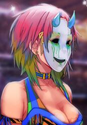  asuka_(wrestler) bare_shoulders blue_choker blurry blurry_background breasts choker cleavage earrings female jewelry mask meowyin multicolored_hair pink_hair real_life short_hair signature solo wrestling_outfit wrestling_ring wwe 