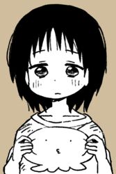  animal blush closed_mouth collarbone female holding holding_animal kuze_shizuka looking_down monochrome nekotoufu octopus oversized_clothes shirt short_hair simple_background t-shirt takopii takopii_no_genzai upper_body 