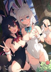  2girls :d :q absurdres ahoge animal_ear_fluff animal_ears ass bare_shoulders black_hair black_leotard black_thighhighs blue_bow blue_bowtie blue_eyes bow bowtie breasts cleavage closed_mouth commentary covered_navel extra_ears fake_animal_ears fox_girl hand_on_another&#039;s_ass highres hololive large_breasts lens_flare leotard looking_at_viewer medium_breasts mirror multiple_girls ookami_mio open_mouth playboy_bunny rabbit_ears red_bow red_bowtie reflection shirakami_fubuki smile sy4 thighhighs thighs tongue tongue_out v virtual_youtuber white_hair white_leotard white_thighhighs window wolf_girl yellow_eyes 