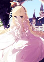  alternate_costume azur_lane bare_shoulders blonde_hair blunt_bangs commentary covering_own_mouth crown detached_sleeves dress female hairband highres long_hair looking_at_viewer mini_crown outdoors palace queen_elizabeth_(azur_lane) queen_elizabeth_(the_queen&#039;s_ball)_(azur_lane) shadow sitting solo sunlight suwakana wavy_hair white_dress yellow_eyes 