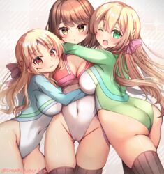  3girls :o arms_around_neck arms_around_waist ass ass_visible_through_thighs athletic_leotard bad_id bad_pixiv_id blonde_hair blue_leotard blush breasts brown_eyes brown_hair closed_mouth commentary_request commission covered_navel girl_sandwich girlfriend_(kari) green_eyes gymnastics highleg highleg_leotard hug leotard long_hair looking_at_viewer mochizuki_erena multiple_girls one_eye_closed open_mouth photoshop_(medium) red_eyes red_leotard ribbed_legwear ribbed_thighhighs sandwiched sasahara_nonoka shiina_kokomi shindoi_akio smile standing thighhighs thighs twitter_username two-tone_leotard white_leotard 