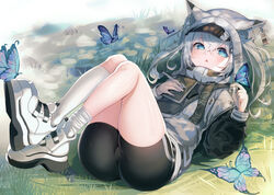  animal_ear_fluff animal_ears ass bike_shorts black_shorts blue_butterfly blue_eyes book bug butterfly cat_ears character_request ear_tag female goddess_of_victory:_nikke grey_hair grey_jacket highres jacket kneehighs knees_up legs long_hair loose_kneehigh lying n102_(nikke) on_back open_mouth outdoors pen rpg_(ram) shoes shorts socks solo thighs twintails visor_cap white_footwear white_socks 