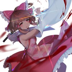  apron blunt_bangs blush bow breasts brown_eyes brown_hair commentary_request cookie_(touhou) detached_sleeves dress feet_out_of_frame female frilled_bow frilled_dress frilled_hair_tubes frills glint hair_tubes hairbow hakurei_reimu holding holding_sword holding_weapon jiyu_(jiyusi) katana long_hair looking_at_viewer medium_bangs medium_breasts open_mouth pink_apron ponytail red_bow red_dress rurima_(cookie) sideboob sidelocks sleeveless sleeveless_dress solo sword touhou weapon white_background white_sleeves wide_sleeves 