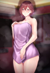  :o blush breasts brown_hair collarbone female hair_ornament hairpin highres higuchi_madoka idolmaster idolmaster_shiny_colors indoors looking_at_viewer medium_breasts mole mole_under_eye naked_towel purple_towel red_eyes solo steam steaming_body towel water_drop wet wet_hair zucchini 