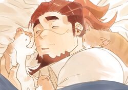  1boy bad_id bad_twitter_id bags_under_eyes boogeyman_(housamo) brown_hair commentary_request facial_hair feline goatee highres long_hair long_sideburns male_focus mature_male mouse_(animal) multicolored_hair muscular muscular_male scar scar_on_face sideburns sleeping solo tokyo_afterschool_summoners two-tone_hair zeroru1111 