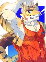  2021 anthro biceps clothing detailed_background eyebrows felid fur hi_res male mammal morenatsu muscular muscular_male pantherine pecs shimazanbagu solo thick_eyebrows tiger topwear torahiko_(morenatsu) 