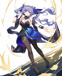  absurdres bare_shoulders black_dress black_footwear blue_bow blue_nails bow breasts brown_pantyhose cleavage closed_mouth commentary cone_hair_bun detached_collar dress eruthika female floating_hair full_body genshin_impact hair_bun hairbow hand_up high_heels highres keqing_(genshin_impact) keqing_(opulent_splendor)_(genshin_impact) legs long_hair looking_at_viewer medium_breasts official_alternate_costume official_alternate_hairstyle outstretched_arm pantyhose purple_eyes purple_hair sidelocks smile solo strapless strapless_dress two-tone_dress 