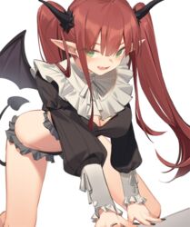  :d all_fours black_nails black_panties black_wings blush breasts cleavage cleavage_cutout clothing_cutout commentary cosplay demon_girl demon_horns demon_tail demon_wings dutch_angle female frilled_panties frills green_eyes horns kildir kitagawa_marin large_breasts long_hair long_sleeves looking_at_viewer nail_polish neck_ribbon oerba_yun_fang open_mouth panties pointy_ears puffy_long_sleeves puffy_sleeves red_hair ribbon rizu-kyun rizu-kyun_(cosplay) sidelocks simple_background skin_fang smile solo sono_bisque_doll_wa_koi_wo_suru tail twintails underwear v-shaped_eyebrows white_background white_ribbon wings 