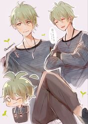  1boy :d amami_rantaro antenna_hair artist_name brown_pants chibi closed_eyes collarbone commentary crossed_arms crossed_legs danganronpa_(series) danganronpa_v3:_killing_harmony green_eyes green_hair grey_background hair_between_eyes hakamii heart highres jewelry male_focus multiple_views necklace open_mouth pants shirt short_hair sitting smile speech_bubble striped_clothes striped_shirt translation_request 