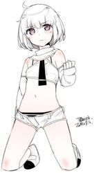  ahoge dated detached_sleeves ejami female full_body greyscale looking_at_viewer monochrome navel original panties short_hair short_shorts shorts signature simple_background solo striped_clothes striped_panties underwear white_background 